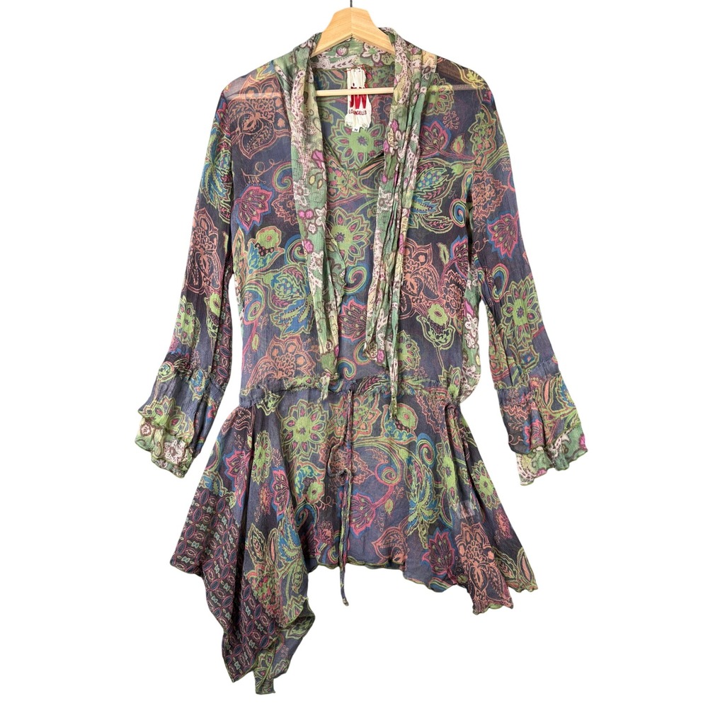 JW Los Angeles Johnny Was Silk Paisley Asymmetrical Ruffle Tunic Top M 53783